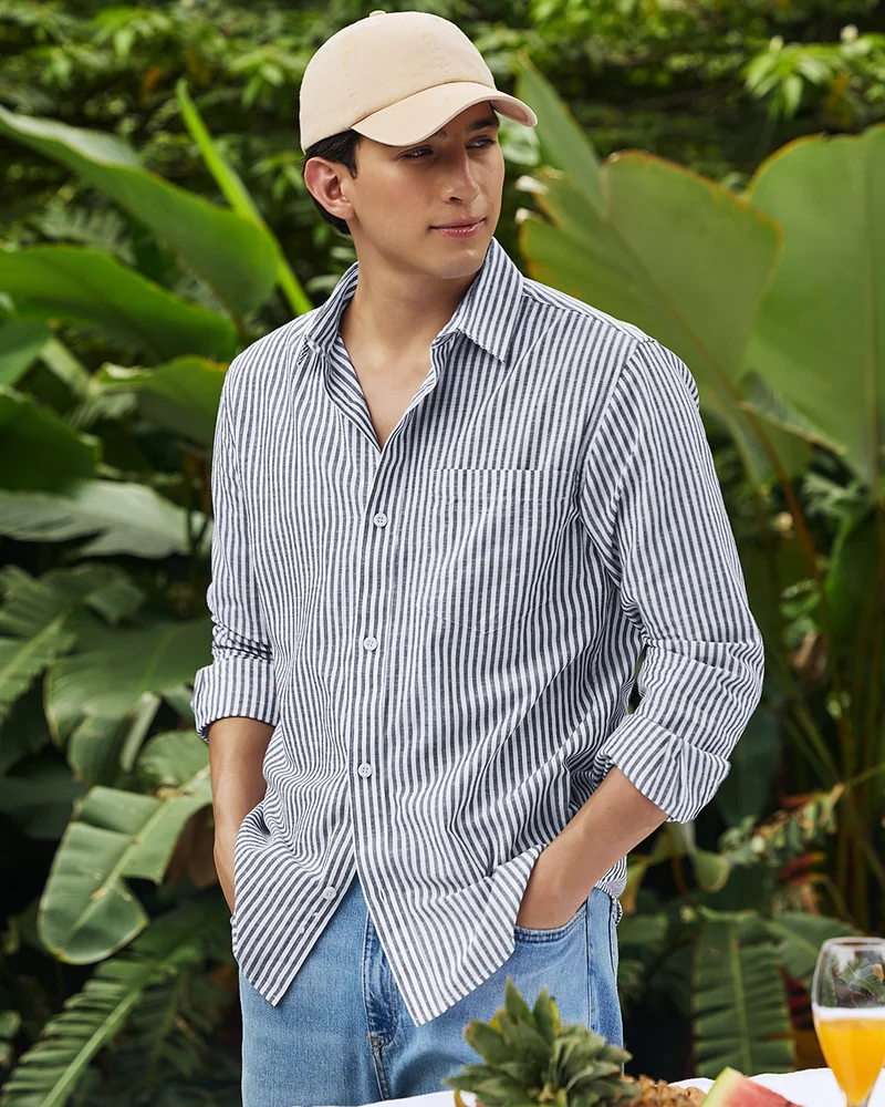 بيواكوف Men's White & Grey Striped Cotton Linen Shirt